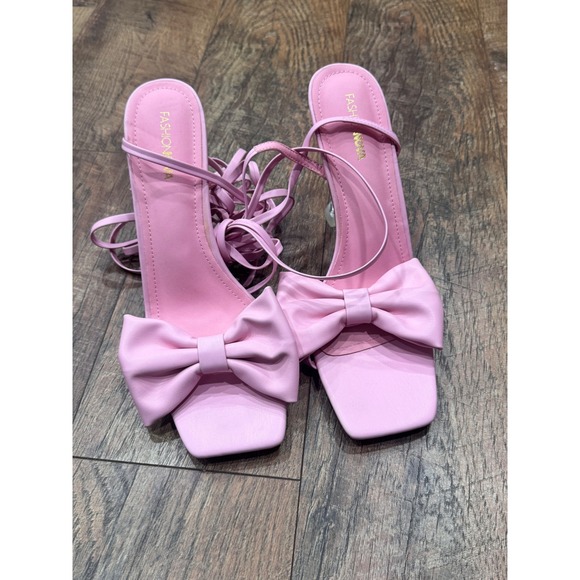Fashion Nova Shoes - Fashion Nova Keisha Pink Lace Up Bow Sandals Clear Stiletto Heel Square Toe 11